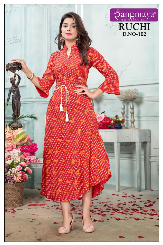 Ruchi By Rangmaya Rayon Printed Party Wear Kurtis Wholesale Shop In Surat
